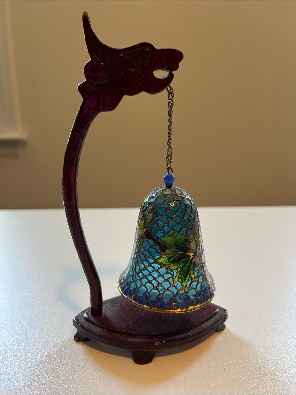 Handcrafted Cloisonné Bell Ornament in Teal and Gold Brought from China